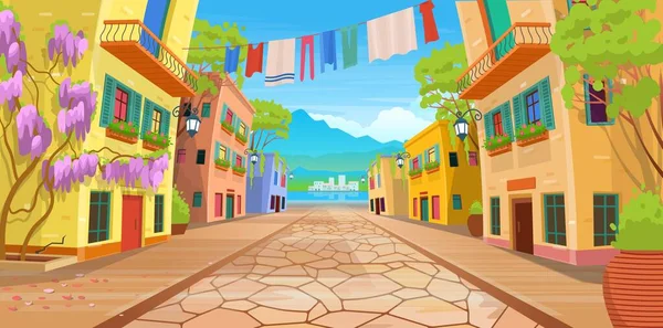 街道上的全景 灯笼和洗过的衣服 以卡通风格描绘夏季街道的矢量图 — 图库矢量图片