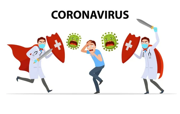 ウイルスを撃退する医者チーム 医者は英雄だ コロナウイルスベクターイラスト 2019 Ncov — ストックベクタ