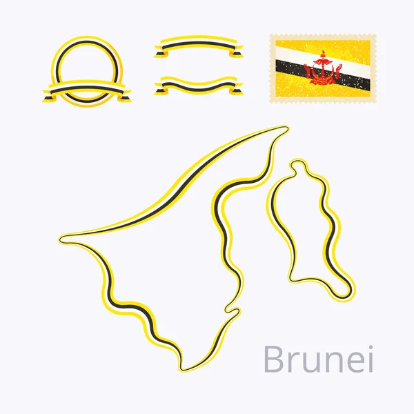Brunei - Mapa de contorno e fitas —  Vetores de Stock