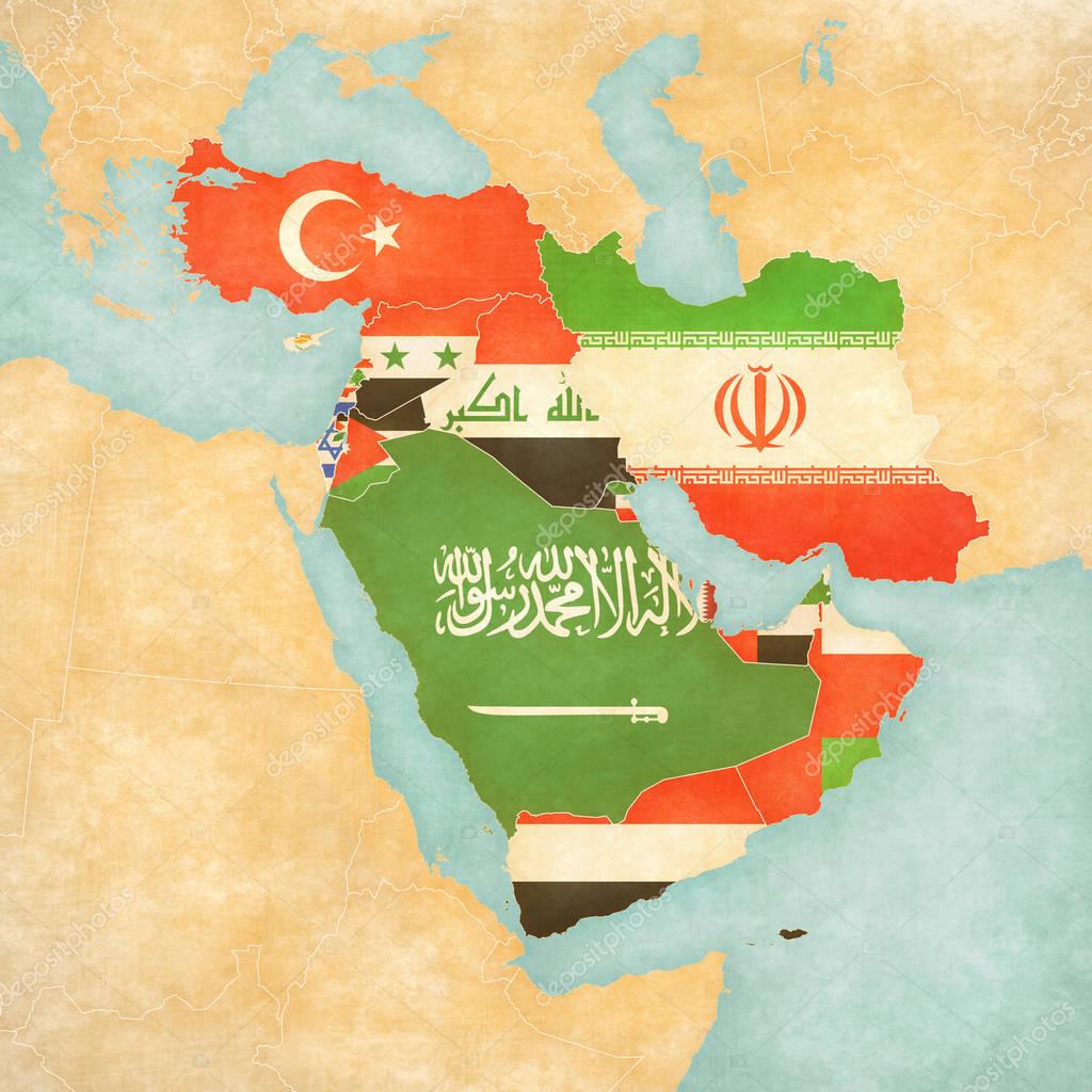 Banderas paises medio oriente | Mapa de Medio Oriente - Asia - todos