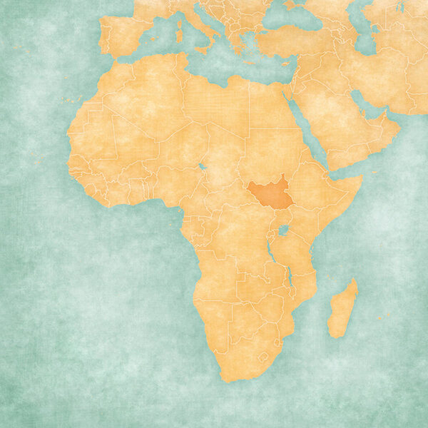 South Sudan on the map of Africa in soft grunge and vintage style, like old paper with watercolor painting.