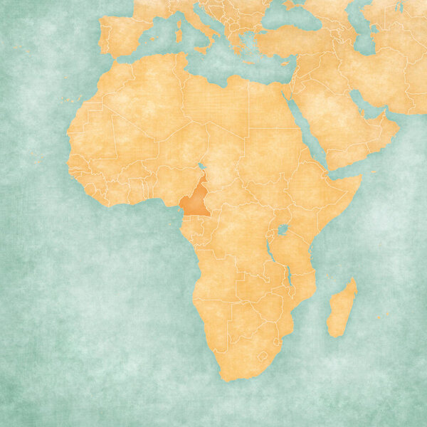 Cameroon on the map of Africa in soft grunge and vintage style, like old paper with watercolor painting.