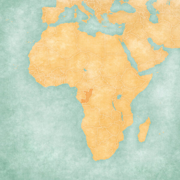 Republic of the Congo on the map of Africa in soft grunge and vintage style, like old paper with watercolor painting.