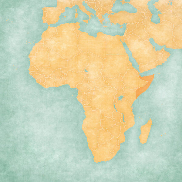 Somalia on the map of Africa in soft grunge and vintage style, like old paper with watercolor painting.