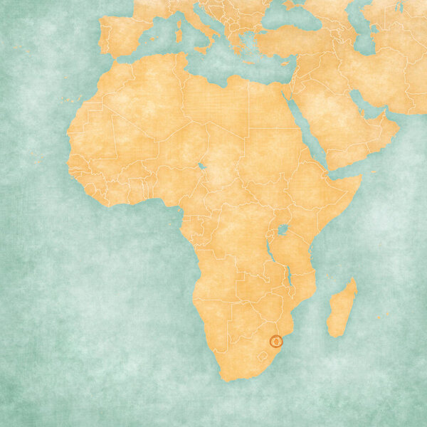 Swaziland on the map of Africa in soft grunge and vintage style, like old paper with watercolor painting.