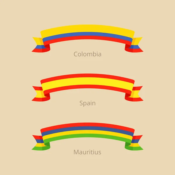 Ruban avec drapeau de Colombie, Espagne et Maurice . — Image vectorielle