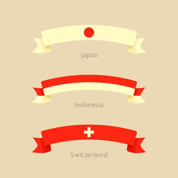 Ruban avec drapeau du Japon, d'Indonésie et de Suisse . — Image vectorielle