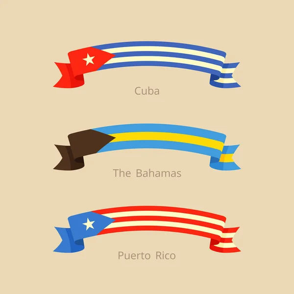 Stuha s vlajkou Kuba, Bahamy a Puerto Rico. — Stockový vektor