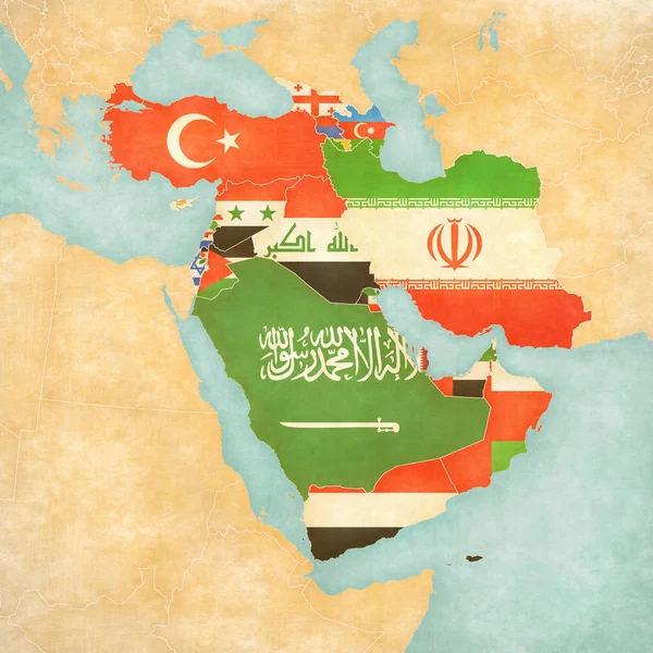 Karta över västra Asien - flaggor av alla länder — Stockfoto