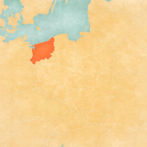West Pomerania on the map of Poland in soft grunge and vintage style, like old paper with watercolor painting.