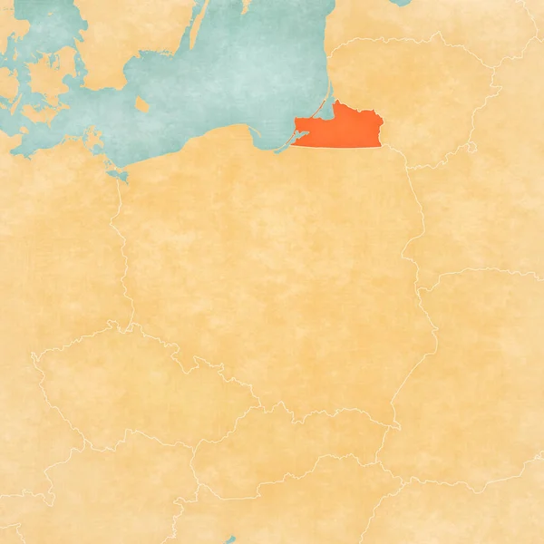 Kaliningrad on the map of Poland in soft grunge and vintage style, like old paper with watercolor painting.