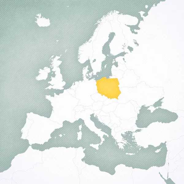 Poland on the map of Europe with softly striped vintage background.