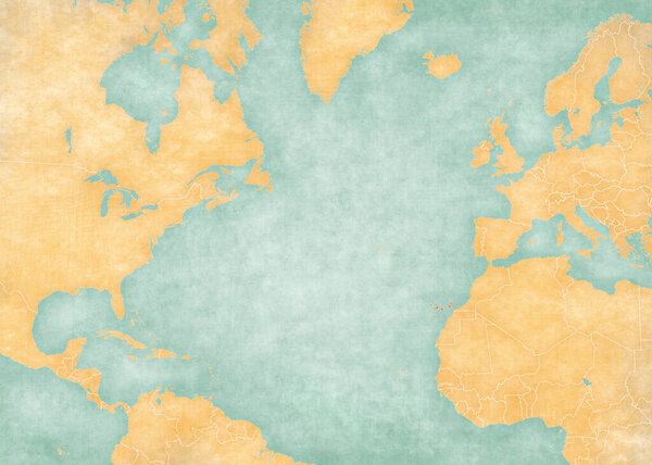 Canary Islands on the map of North Atlantic Ocean in soft grunge and vintage style, like old paper with watercolor painting. 