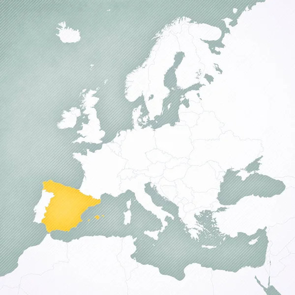 Spain on the map of Europe with softly striped vintage background.