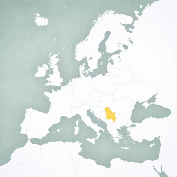 Serbia on the map of Europe with softly striped vintage background.