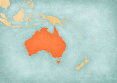 Australia on the map of Australasia (Oceania) in soft grunge and vintage style, like old paper with watercolor painting.  clipart