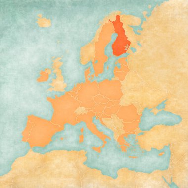 Finlandiya, Avrupa Birliği haritasında suluboya resimli eski kağıt gibi yumuşak grunge ve vintage tarzında yer almaktadır.. 
