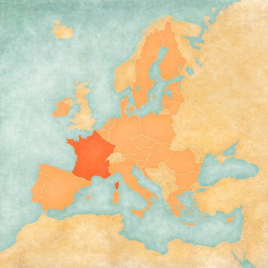 Fransa Avrupa Birliği haritasında suluboya resimli eski bir kağıt gibi yumuşak grunge ve vintage tarzında. 