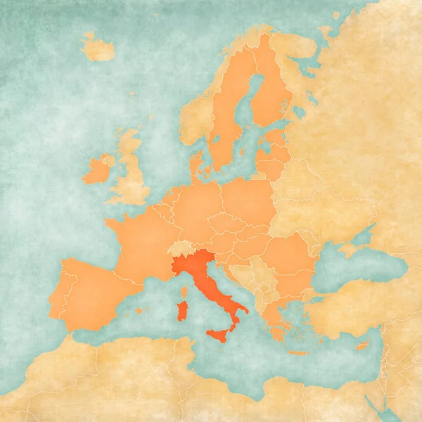 Italy on the map of European Union in soft grunge and vintage style, like old paper with watercolor painting.