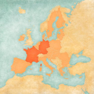 Almanya ve Fransa Avrupa Birliği haritasında suluboya resimli eski kağıt gibi yumuşak grunge ve vintage tarzında. 