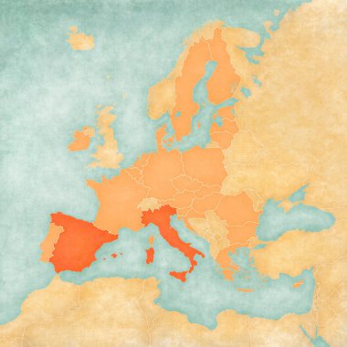 İtalya ve İspanya, suluboya resimli eski kağıt gibi yumuşak grunge ve vintage tarzında Avrupa Birliği haritasında yer alıyorlar. 