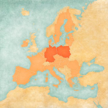 Almanya ve Polonya Avrupa Birliği haritasında suluboya resimli eski kağıt gibi yumuşak grunge ve vintage tarzında. 