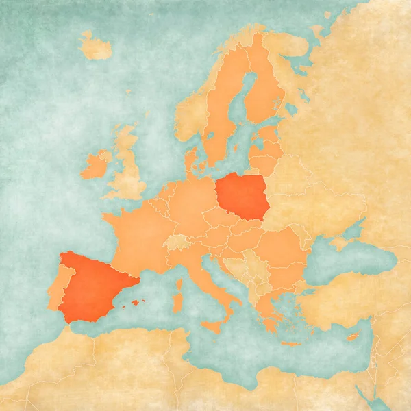 Hiszpania Polska Mapie Unii Europejskiej Miękkim Stylu Grunge Vintage Jak — Zdjęcie stockowe