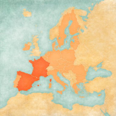 Fransa ve İspanya Avrupa Birliği haritasında suluboya resimli eski kağıt gibi yumuşak grunge ve vintage tarzında. 
