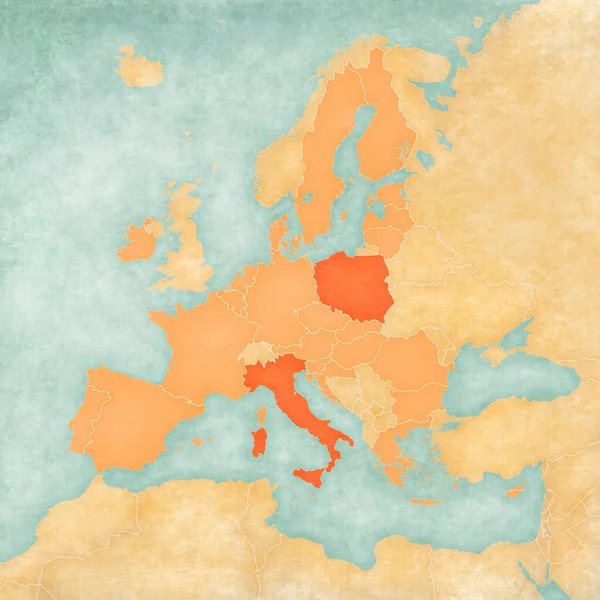 Włochy Polska Mapie Unii Europejskiej Miękkim Stylu Grunge Vintage Jak — Zdjęcie stockowe