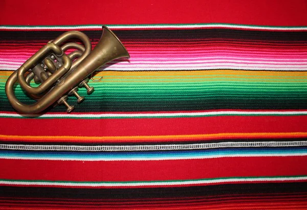 Poncho Mexico Traditioneller Cinco Mayo Teppich Trompeten Fiesta Hintergrund Mit — Stockfoto
