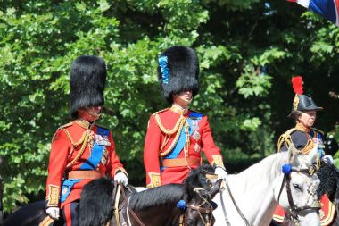 Trooping the colour, London, UK, - June 17 2017; Prince William, Prince charles and Princess Anne in Trooping the colour parade on horse in uniform stock, photo, photograph, image, picture, press,  clipart