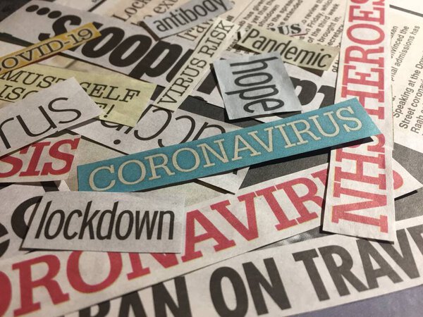 coronavirus headlines from newspapers UK, media collage concept for panic caused by Coronavirus pandemic- stock photo image