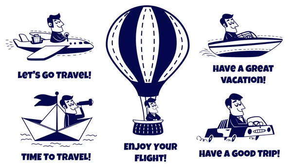 Icons set seyahat. Mutlu bir adam seyahat araba, uçak, tekne, kağıt tekne, sıcak hava balonu. Vektör çizim retro çizgi film tarzı