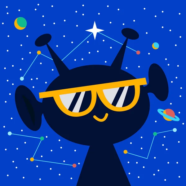 Mutlu yabancı karakter. Yıldızlar ve gezegenler ile arka plan. Karikatür tarzı, vektör çizim