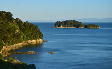 Akşam güneşinde Abel Tasman Ulusal Parkı. Yeni Zelanda, Güney Adası.
