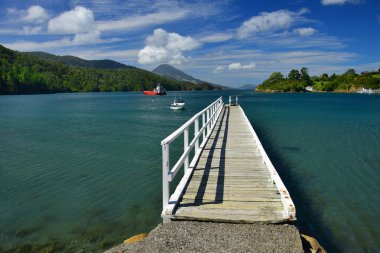 Yeni Zelanda, Güney Adası 'ndaki Marlborough Sesleri' ndeki güzel Elaine Körfezi. Beyaz bir iniş sahnesi ve iki tekne..