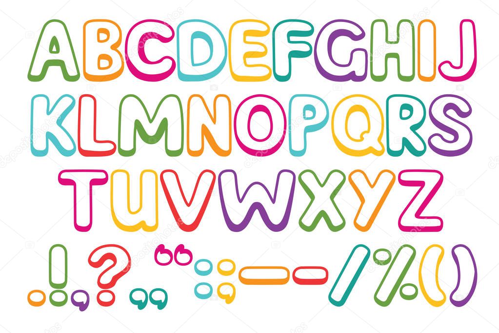 Funny children font with color letters. Colorful alphabet on a white background. Vector illustration.