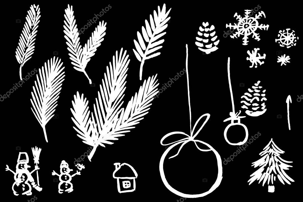 Set of hand drawn new year decoration new year decorations and snowman. Vector illustration on the black background. 