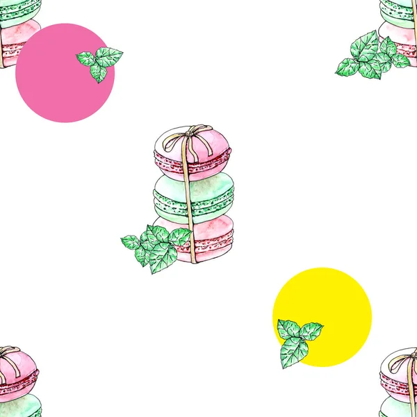 Tekstil, kağıt, web sitesi için naneli badem kurabiyeli kusursuz desen. Beyaz arkaplanda suluboya çizimi.