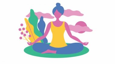 Kız lotus pozisyonda oturan yoga yapıyor. Kız meditasyon yapar. Yoga Modern düz tasarım kavramı. Beyaz arka planda yalıtılmış parlak vektör çizimi.