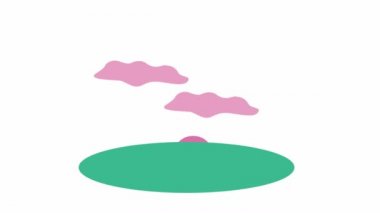 Güneş ve ağaçlarla dolu soyut bir manzara. Beyaz arkaplanda modern düz parlak vektör çizimi.