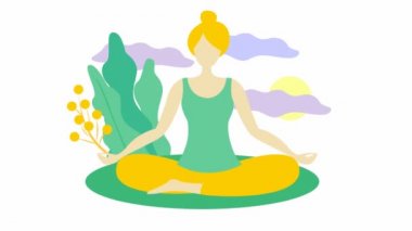 Kız Lotus pozisyonunda yoga yapıyor. Kız meditasyon yapıyor. Modern düz dizayn yoga konsepti. Beyaz arkaplanda parlak hareket illüstrasyonu.