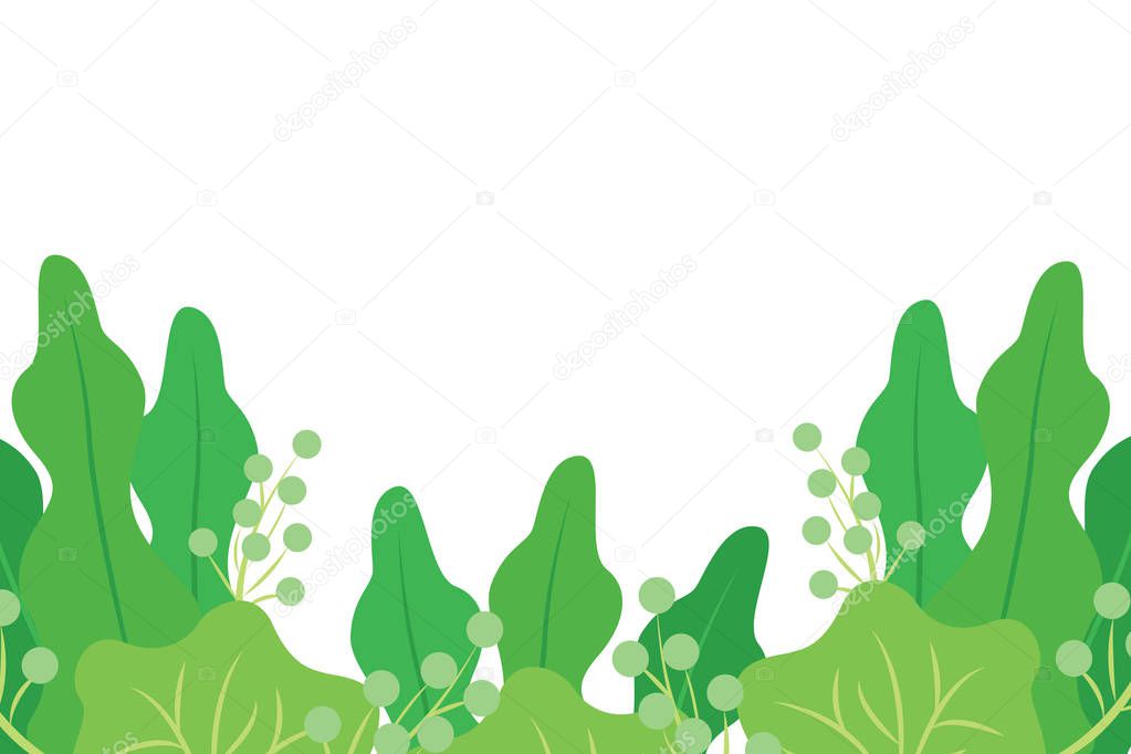 abstract background with green leaves and berries for banner, website. Modern flat vector illustration isolated on white background.
