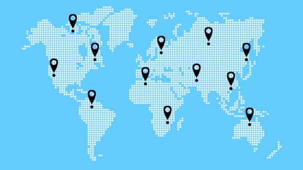 目的地マーカーで世界地図 青い背景の点パターンからの白い地図 ビジネスコンセプト — ストック動画