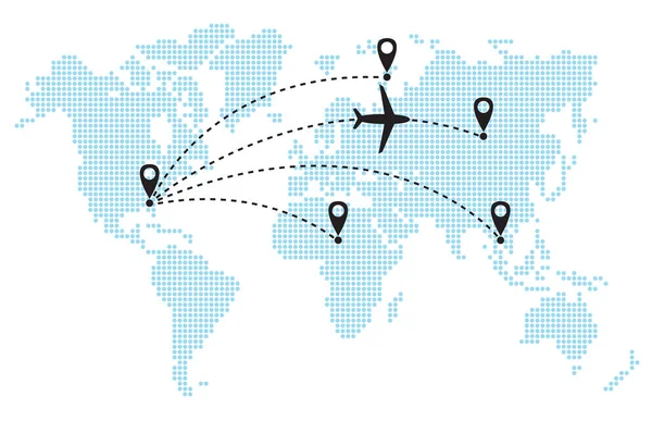 Подорожі Літаком Карта Світу Кругової Схеми Літак Летить Траєкторії Векторні — стоковий вектор