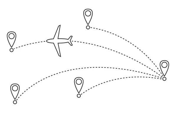 Літак Летить Траєкторії Векторні Плоскі Ілюстрації Ізольовані Білому Тлі Подорожі — стоковий вектор