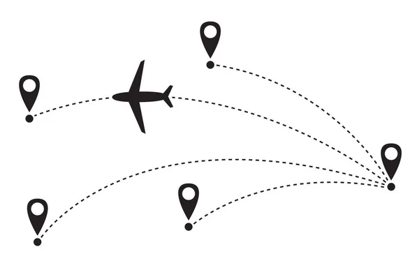 Літак Летить Траєкторії Векторні Плоскі Ілюстрації Ізольовані Білому Тлі Подорожі — стоковий вектор