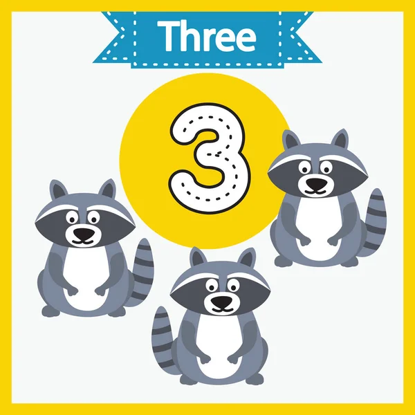 İçinde sayılar ve hayvanlar olan bebek öğrenme kartları. Saymayı ve sayı yazmayı öğreniyorum. El yazısı çalışma kâğıdı. Çocuklar için eğitici bir oyun. Rakunlu 3 numara.