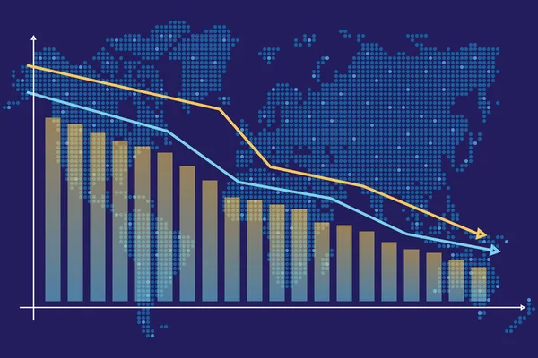Bir trend çizelgesi ile finansal düşüş çizelgesi. Küresel ekonomik kriz, küresel durgunluk, düşüş grafiği. Bar haritası olan bir dünya haritası. Kâr düştü. Koyu mavi arkaplanda vektör illüstrasyonu.