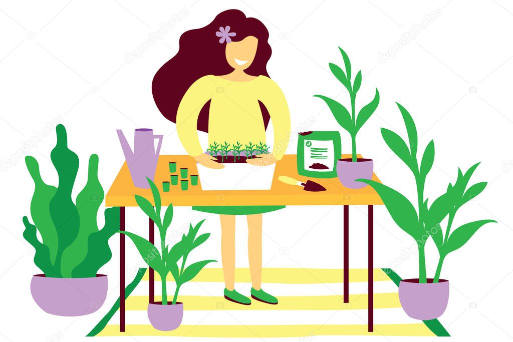 Girl with plants. Happy girl plants seedlings. Around her are potted flowers. On the table is a pot with seedlings, watering, earth, a shovel. Home garden. Gardening concept. Bright flat vector illustration isolated on white background.